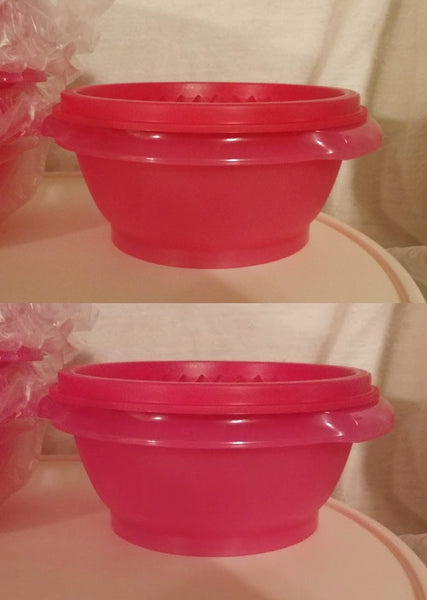 Tupperware TWO Servalier Bowls 10 oz. RED Bowl w/ FIRE RED Instant Accordion Round Seal