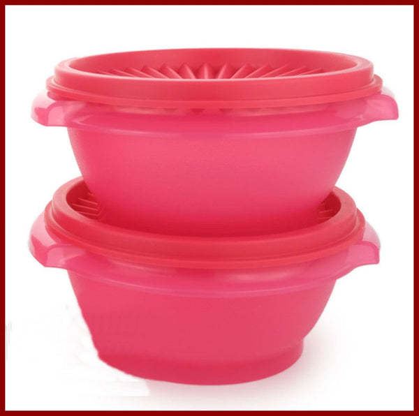Tupperware TWO Servalier Bowls 10 oz. RED Bowl w/ FIRE RED Instant Accordion Round Seal