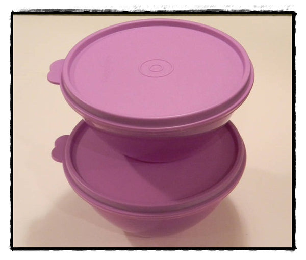 TUPPERWARE 3 Mini 2-cup Wonderlier Nesting Mixing Bowls Salsa Verde Tropical Purple Seals - Plastic Glass and Wax ~ PGW