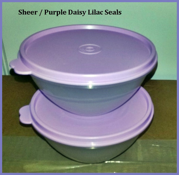 TUPPERWARE 3 Mini 2-cup Wonderlier Nesting Mixing Bowls Salsa Verde Tropical Purple Seals - Plastic Glass and Wax ~ PGW