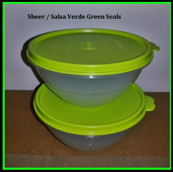 TUPPERWARE 3 Mini 2-cup Wonderlier Nesting Mixing Bowls Salsa Verde Tropical Purple Seals - Plastic Glass and Wax ~ PGW