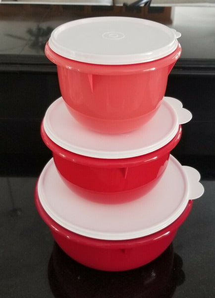 TUPPERWARE 3 Flat Bottom Nesting Mixing Bowls 4-8-12-cup REDS w/ WHITE Tabbed Seals - Plastic Glass and Wax ~ PGW