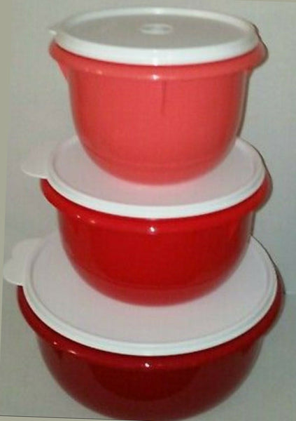 TUPPERWARE 3 Flat Bottom Nesting Mixing Bowls 4-8-12-cup REDS w/ WHITE Tabbed Seals - Plastic Glass and Wax ~ PGW