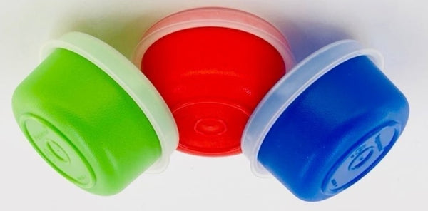 TUPPERWARE TUPPER MINI SMIDGET PILL KEEPER SET of 3 RED BLUE GREEN 1-OZ SMIDGETS w/ SEALS