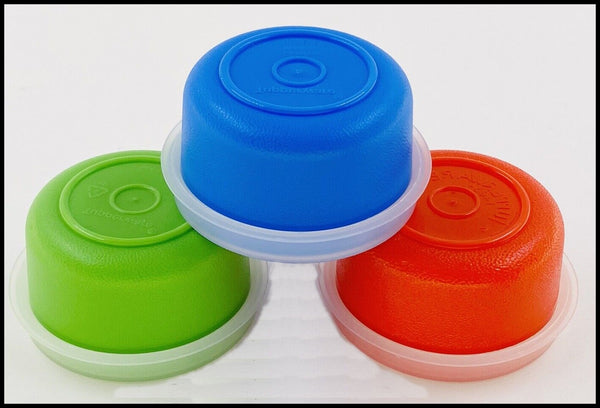 TUPPERWARE TUPPER MINI SMIDGET PILL KEEPER SET of 3 RED BLUE GREEN 1-OZ SMIDGETS w/ SEALS