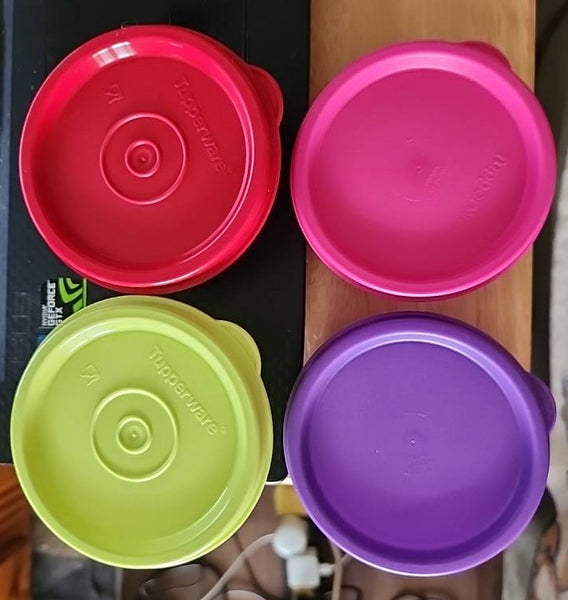 TUPPERWARE Mini Snack Cups 4 SHEER BASE w/ PURPLE ~ SALSA VERDE ~ RED ~ PINK SEALS NEW