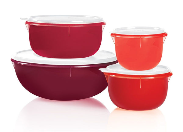 TUPPERWARE 3 Flat Bottom Nesting Mixing Bowls 4-8-12-cup REDS w/ WHITE Tabbed Seals - Plastic Glass and Wax ~ PGW
