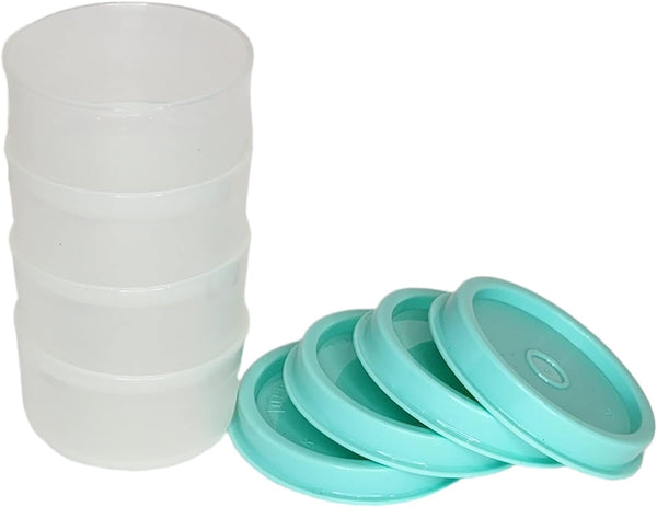 TUPPERWARE 4 TUPPER MINI SMIDGET PILL KEEPER SHEER BASE LT AQUA SEALS 1-OZ SMIDGETS