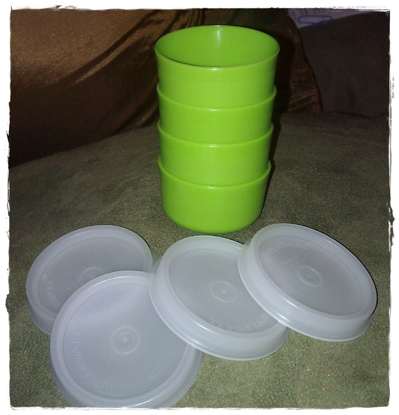 TUPPERWARE TUPPER MINI SMIDGET PILL KEEPER SET of 4 MIXED GREEN 1-OZ SMIDGETS w/ SEALS