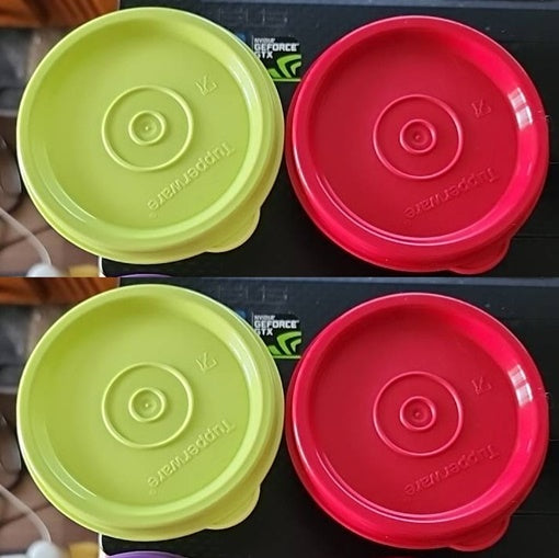 TUPPERWARE Mini Snack Cups 4 SHEER BASE w/ PURPLE ~ SALSA VERDE ~ RED ~ PINK SEALS NEW