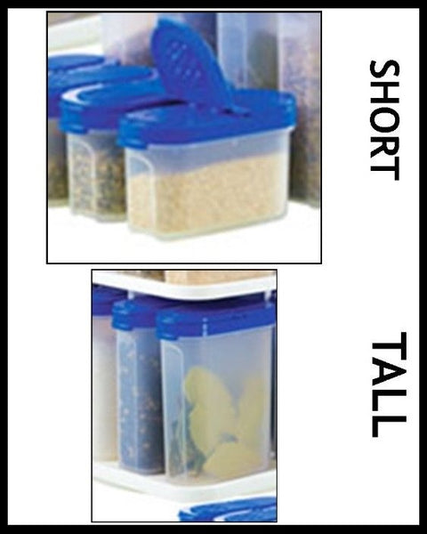 TUPPERWARE MODULAR MATES SPICE SHAKER SET 4 BLUE Shakers ~ 2 Tall Large & 2 Short Small