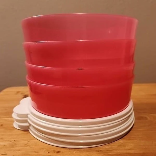 TUPPERWARE 2-C BIG WONDERS BOWL 4 RUBINE BOWLS w/ SNOW WHITE TABBED SEALS - Plastic Glass and Wax ~ PGW