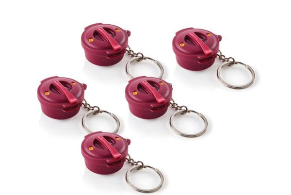 TUPPERWARE 5 Mini Pressure Cooker Key Chain Bordeaux / Radish NEW - Plastic Glass and Wax ~ PGW