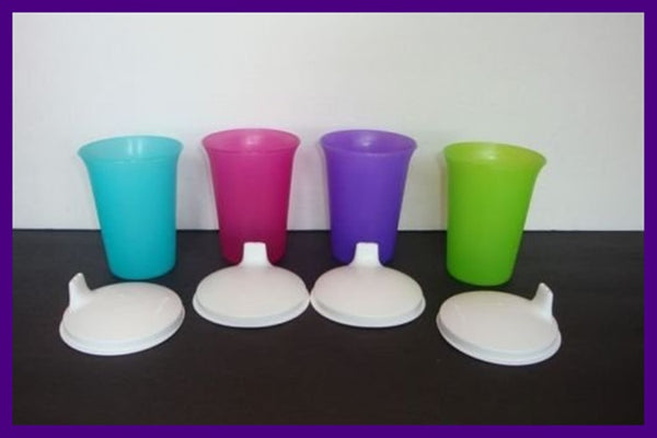 Tupperware 7-oz Bell Tumbler Set/4 RARE COLORS PINK LIME PURPLE AQUA NEW