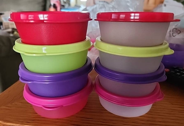 TUPPERWARE Mini Snack Cups 4 SHEER BASE w/ PURPLE ~ SALSA VERDE ~ RED ~ PINK SEALS NEW