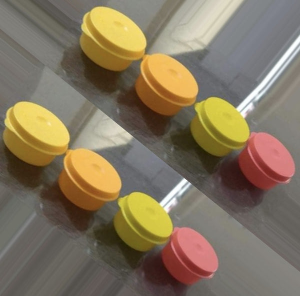 TUPPERWARE 8 TUPPER SMIDGET PILL KEEPER 1-OZ SMIDGETS MANGO ORANGE YELLOW & SALSA VERDE
