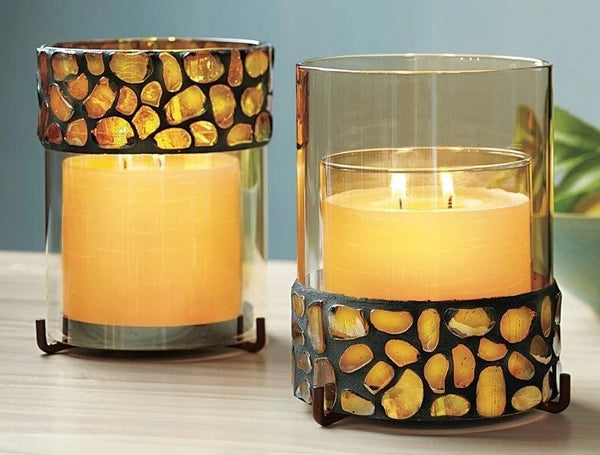 PARTYLITE AURORA CANDLE SLEEVE COLORED STONE GLASS PILLAR JAR HOLDER NIB