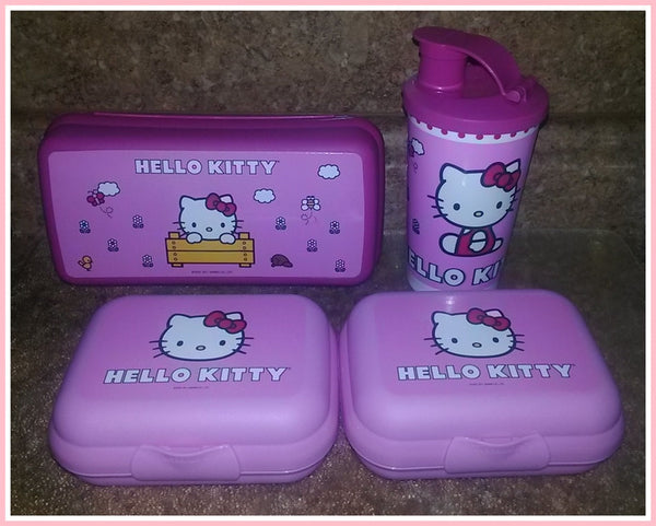 TUPPERWARE 4-Pc HELLO KITTY On-the-Go Lunch Set Tumbler 1 Large & 2 Small Packables Containers - Plastic Glass and Wax ~ PGW