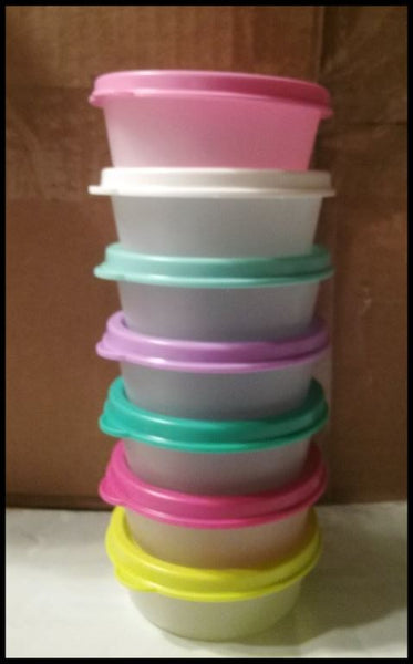 TUPPERWARE Mini Snack Cups 4 SHEER BASE w/ PURPLE ~ SALSA VERDE ~ RED ~ PINK SEALS NEW
