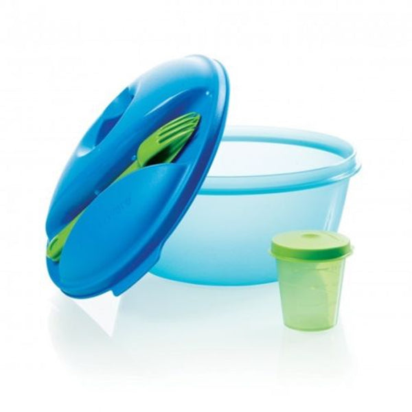 Tupperware 1 SALAD LUNCH ON THE GO AQUA UTENSILS & 2-oz MINI MIDGET CARIBBEAN SEA TEAL BOWL / SEAL