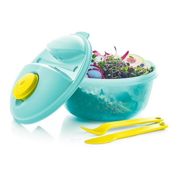 Tupperware 1 SALAD LUNCH ON THE GO AQUA UTENSILS & 2-oz MINI MIDGET CARIBBEAN SEA TEAL BOWL / SEAL