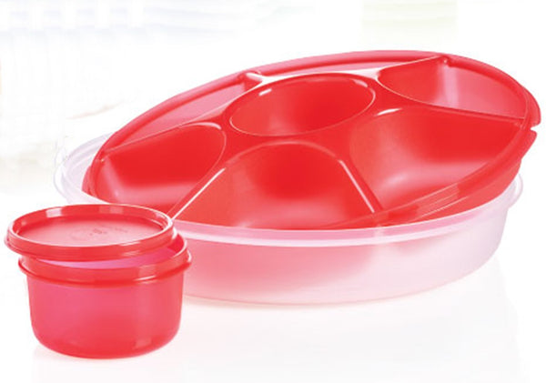 TUPPERWARE SERVING CENTER RASPBERRY RED SECTIONED BASE w/ SHEER DOMED SEAL & REMOVABLE CUP/BOWL - Plastic Glass and Wax ~ PGW