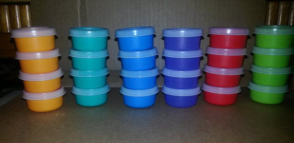 TUPPERWARE TUPPER MINI SMIDGET PILL KEEPER SET of FOUR 4 COLORED 1-OZ SMIDGETS w/ SEALS - Plastic Glass and Wax ~ PGW