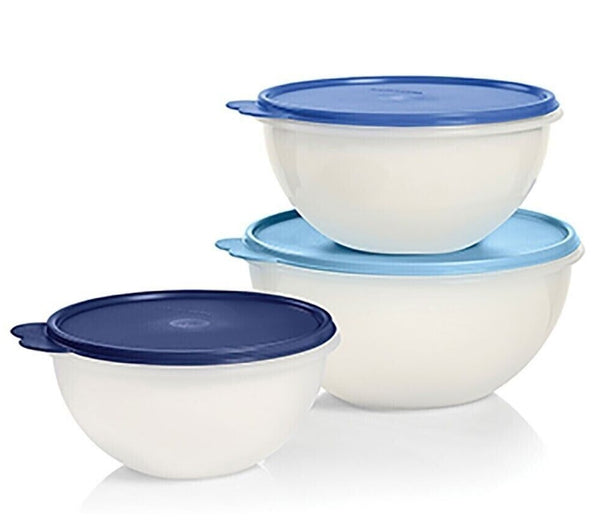 TUPPERWARE 3 Wonderlier Nesting SHEER Mixing Bowls 6-c  8.75-c 12-c BLUE SEALS - Plastic Glass and Wax ~ PGW