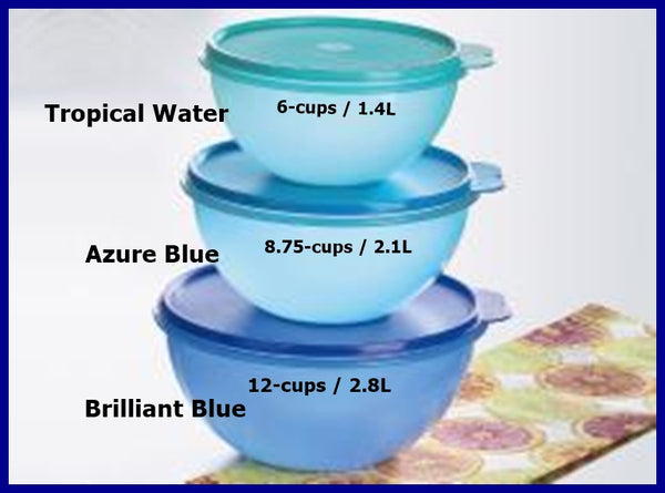 TUPPERWARE 3 Wonderlier Nesting SHEER Mixing Bowls 6-c  8.75-c 12-c BLUE SEALS - Plastic Glass and Wax ~ PGW