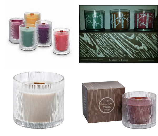 PartyLite Nature's Light Large Round Jar Boxed Candle w/ Crackling Wooden Wick TAMBOTI WOODS - Plastic Glass and Wax