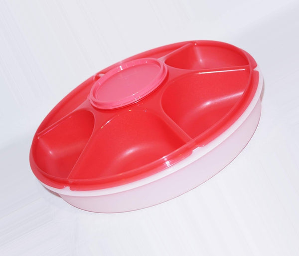TUPPERWARE SERVING CENTER RASPBERRY RED SECTIONED BASE w/ SHEER DOMED SEAL & REMOVABLE CUP/BOWL - Plastic Glass and Wax ~ PGW