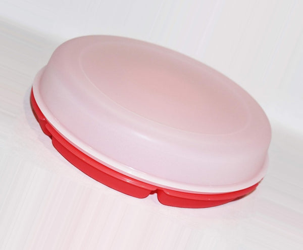 TUPPERWARE SERVING CENTER RASPBERRY RED SECTIONED BASE w/ SHEER DOMED SEAL & REMOVABLE CUP/BOWL - Plastic Glass and Wax ~ PGW