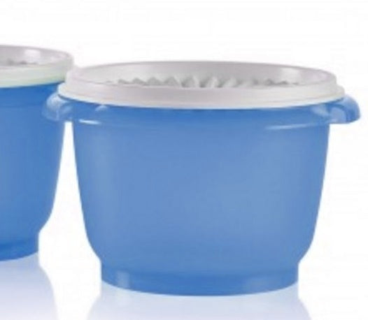 Tupperware Bowls Servalier 20 oz. Set / 2 BLUE Bowls w/ SNOW WHITE Instant Accordion Round Seals