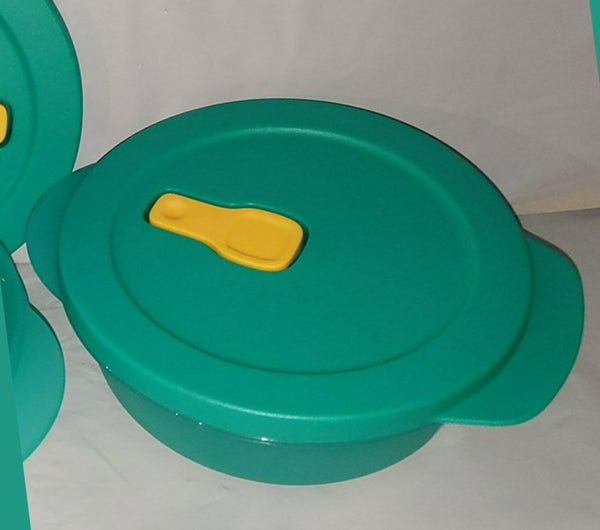TUPPERWARE CRYSTALWAVE 1 MICROWAVE CONTAINER 2.5-C ROUND BOWL PARROT TEAL w/ YELLOW VENTED SEAL