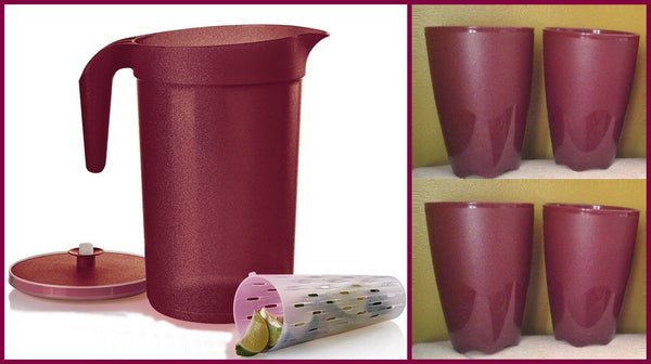 TUPPERWARE SPARKLING MERLOT LUNCH SET 1-GAL INFUSION PITCHER 4 18-oz TUMBLERS 4 PLATES