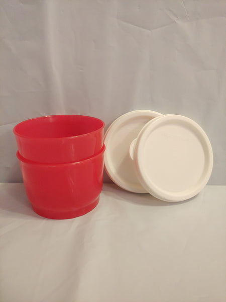 TUPPERWARE Set of 2 - 4-oz Snack Cups Bowls w/ Round Seals CORAL RED w/ SNOW WHITE SEALS