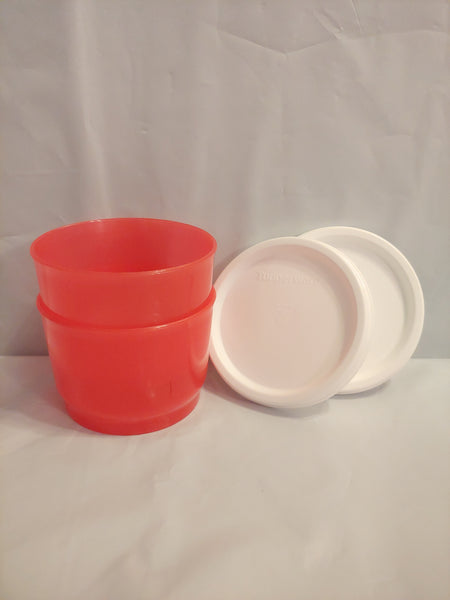 TUPPERWARE Set of 2 - 4-oz Snack Cups Bowls w/ Round Seals CORAL RED w/ SNOW WHITE SEALS