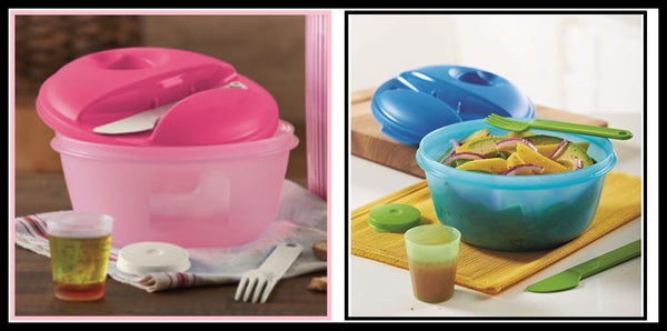 Tupperware ONE SALAD LUNCH ON THE GO W/ 3 UTENSILS & MINI MIDGET TROPICAL NEW - Plastic Glass and Wax