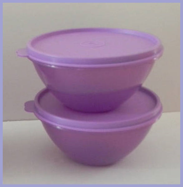 TUPPERWARE 2 Mini 2-cup Wonderlier Nesting Mixing PURPLE LILAC BOWLS Tabbed Seals