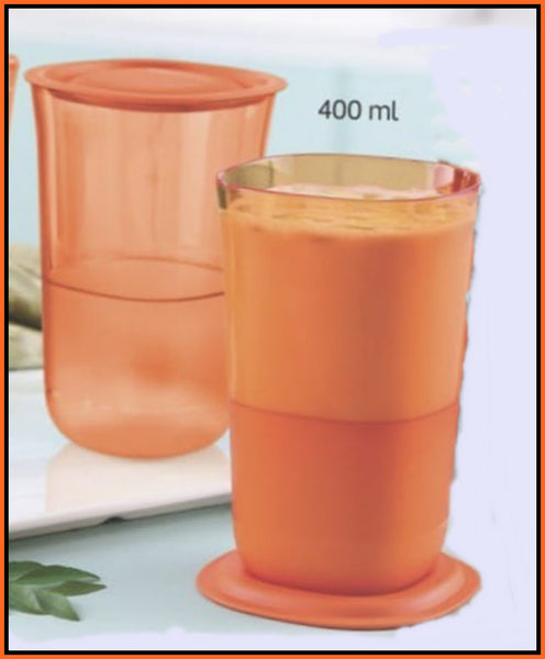 Tupperware SET/2 Preludio ACRYLIC Watercolor DELUXE SQUARE TUMBLERS w/ COASTERS ORANGE 400mL / 14-oz