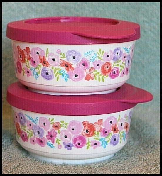 TUPPERWARE 2 ART OF SPRING FLORAL SNAP TOGETHER DESSERT SNACK CUPS FUCHSIA PINK SEALS - Plastic Glass and Wax