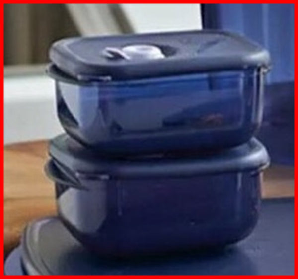 Tupperware Vent N Serve VNS TWO - 2 MICROWAVE 1-CUP SMALL RECTANGLE INDIGO BLUE MIST - Plastic Glass and Wax
