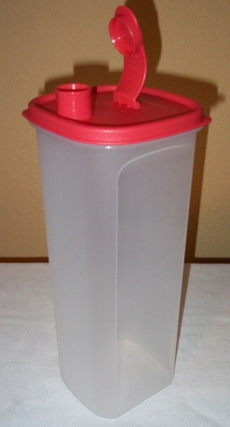 Tupperware 2-QT SLIM LINE TALL SQUARE ROUND REFRIGERATOR PITCHER / ON THE GO BEVERAGE SERVER GUAVA - Plastic Glass and Wax