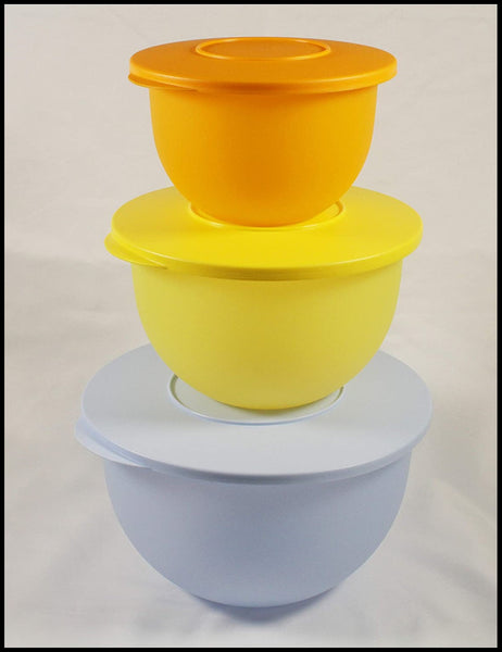 TUPPERWARE 3 IMPRESSIONS BOWLS 18-c Ice Cube (Lt Blue) ~ 10-c Sun Kissed Yellow ~ 5.5-c Papaya Orange