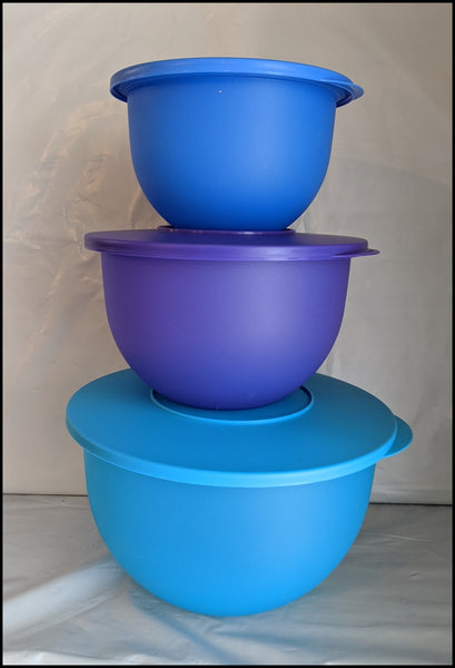 TUPPERWARE 3 IMPRESSIONS BOWLS 18-c Ice Cube (Lt Blue) ~ 10-c Sun Kissed Yellow ~ 5.5-c Papaya Orange