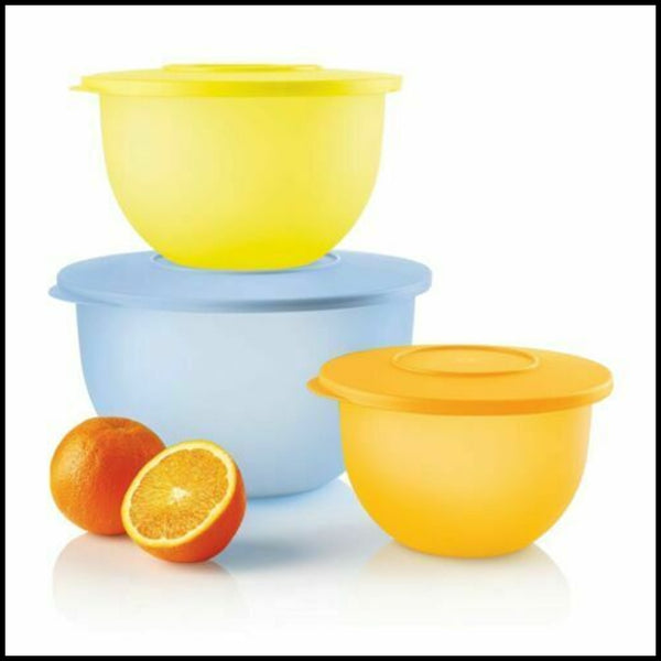 TUPPERWARE 3 IMPRESSIONS BOWLS 18-c Ice Cube (Lt Blue) ~ 10-c Sun Kissed Yellow ~ 5.5-c Papaya Orange