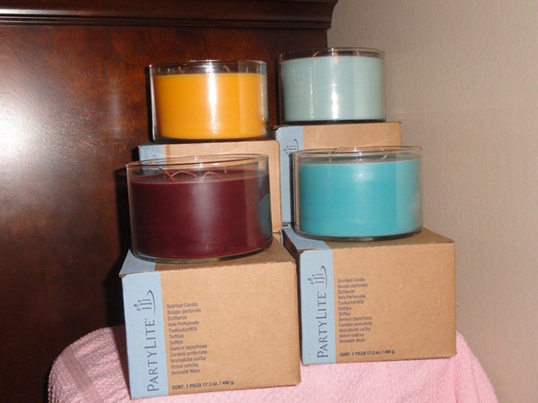 PartyLite Original 3-Wick Round Glass Jar Boxed Candle BLUE AGAVE - Plastic Glass and Wax