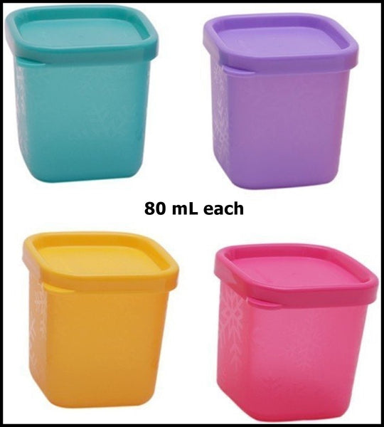 TUPPERWARE SET/4 MINI SQUARE ROUND COLORED 80mL FREEZER MATES PLUS CONTAINERS