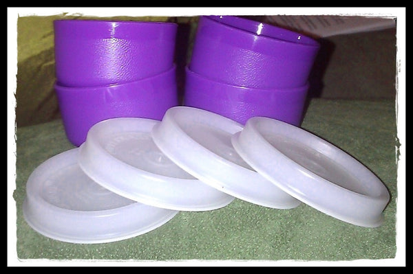 TUPPERWARE TUPPER MINI SMIDGET PILL KEEPER SET of 4 SHEER PURPLE 1-OZ SMIDGETS w/ SEALS - Plastic Glass and Wax