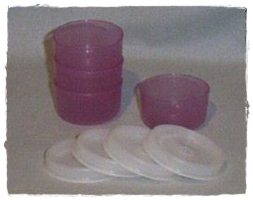 TUPPERWARE TUPPER MINI SMIDGET PILL KEEPER SET of 4 SHEER PURPLE 1-OZ SMIDGETS w/ SEALS - Plastic Glass and Wax